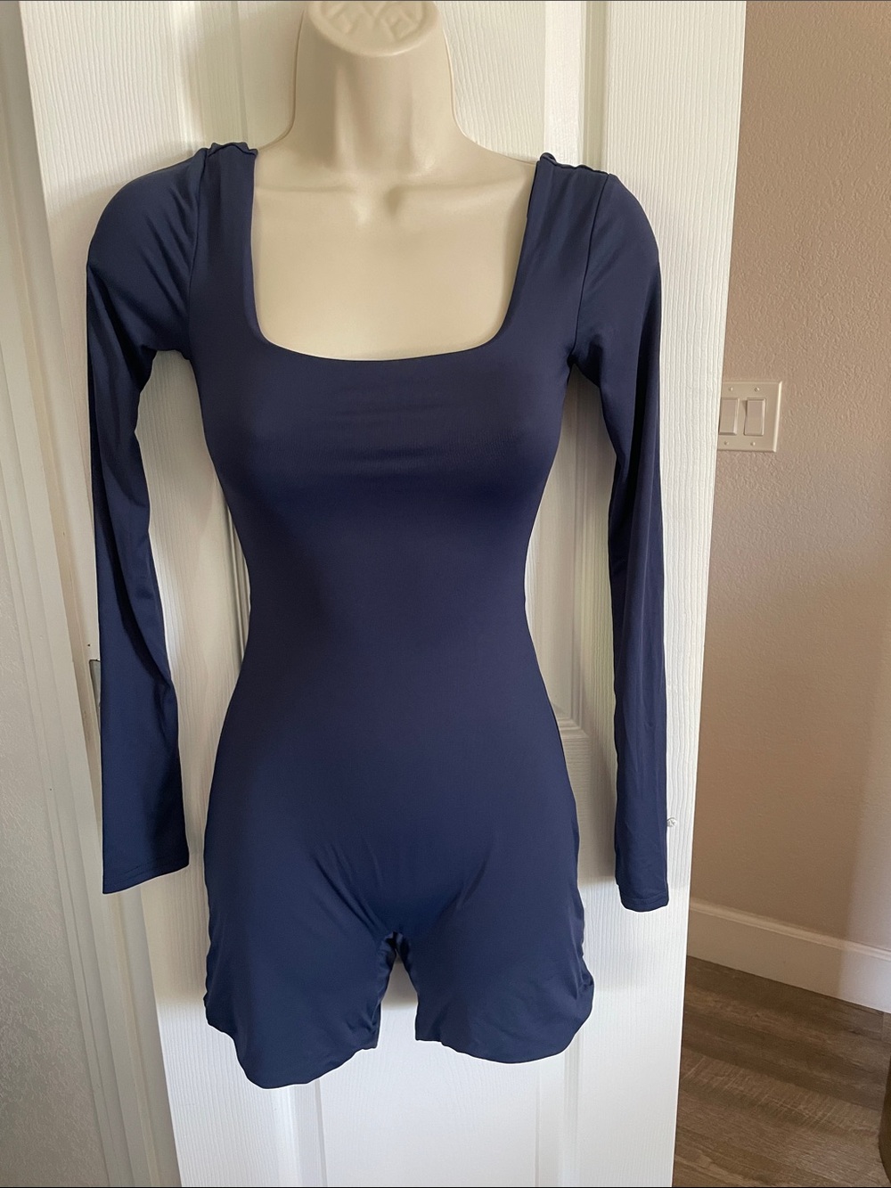 Meshki Navy Long-Sleeve Square-Neck Bodysuit Romper #216